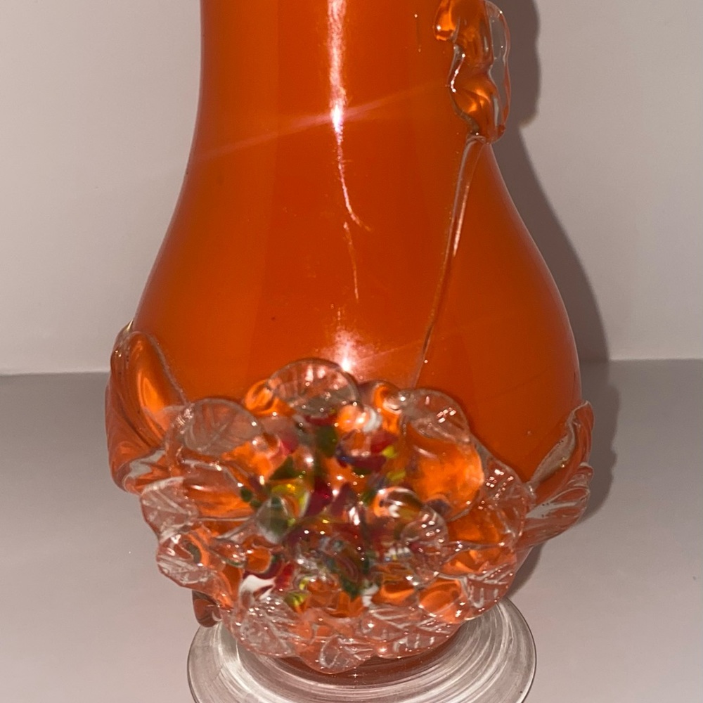 Stevens & Williams England Glowing Bittersweet Orange Shatterglass Rigaree Vase
